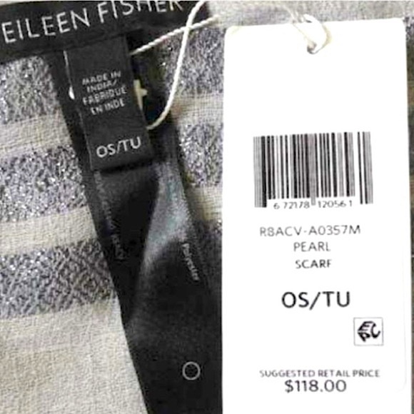 $118 Eileen Fisher VINTAGE Scarf Shimmer SOFT Wool Bl Gray White Stripes PomPom - Picture 8 of 11